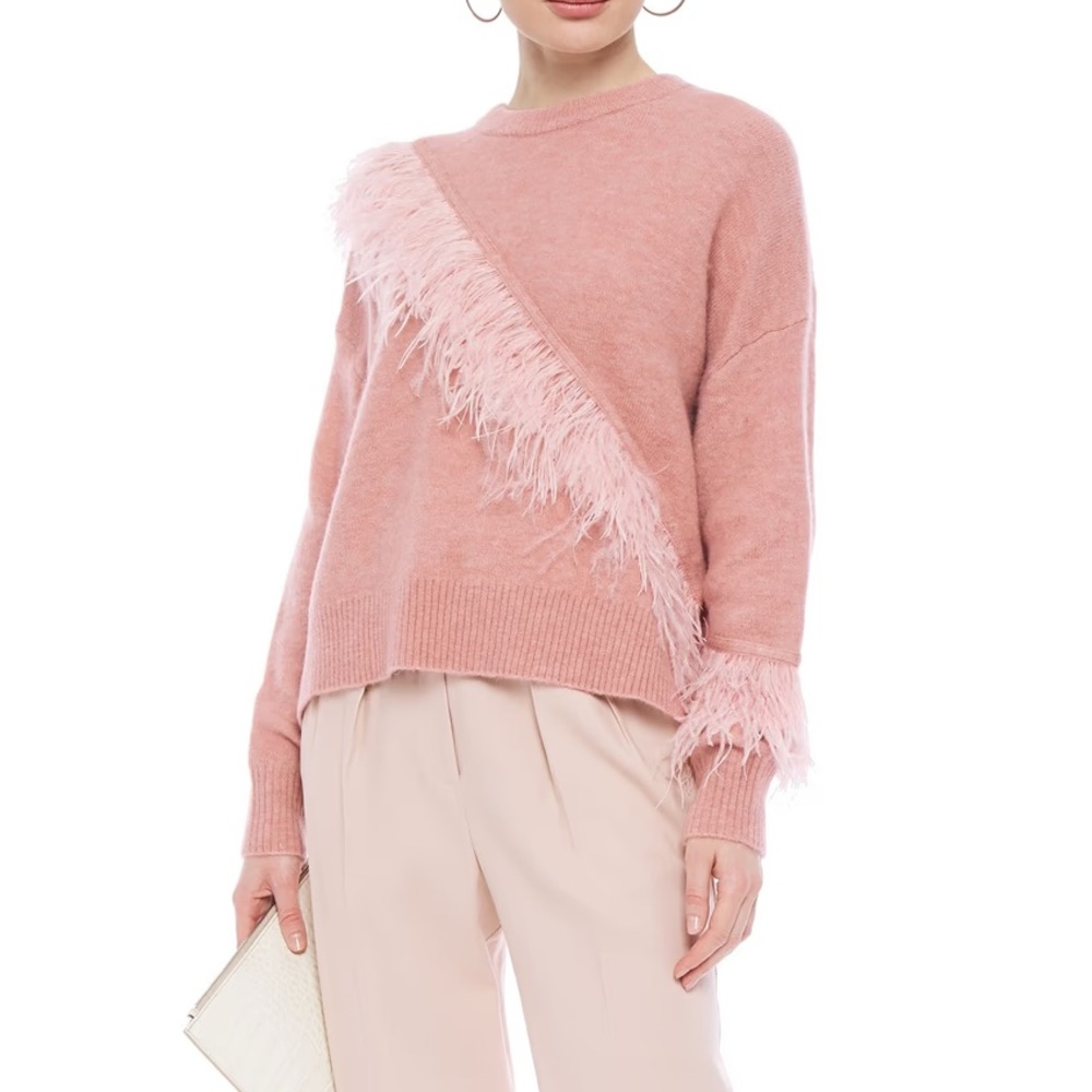 Cinq A Sept Pink Feather-Trimmed Women's Sweater
